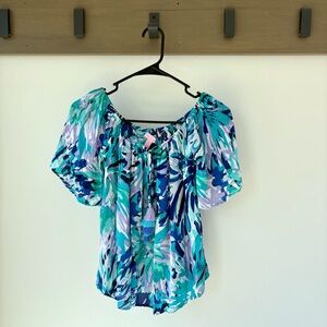 Lilly Pulitzer Tassel Tie Short Sleeve peasant Top - Blue Green Print - XS